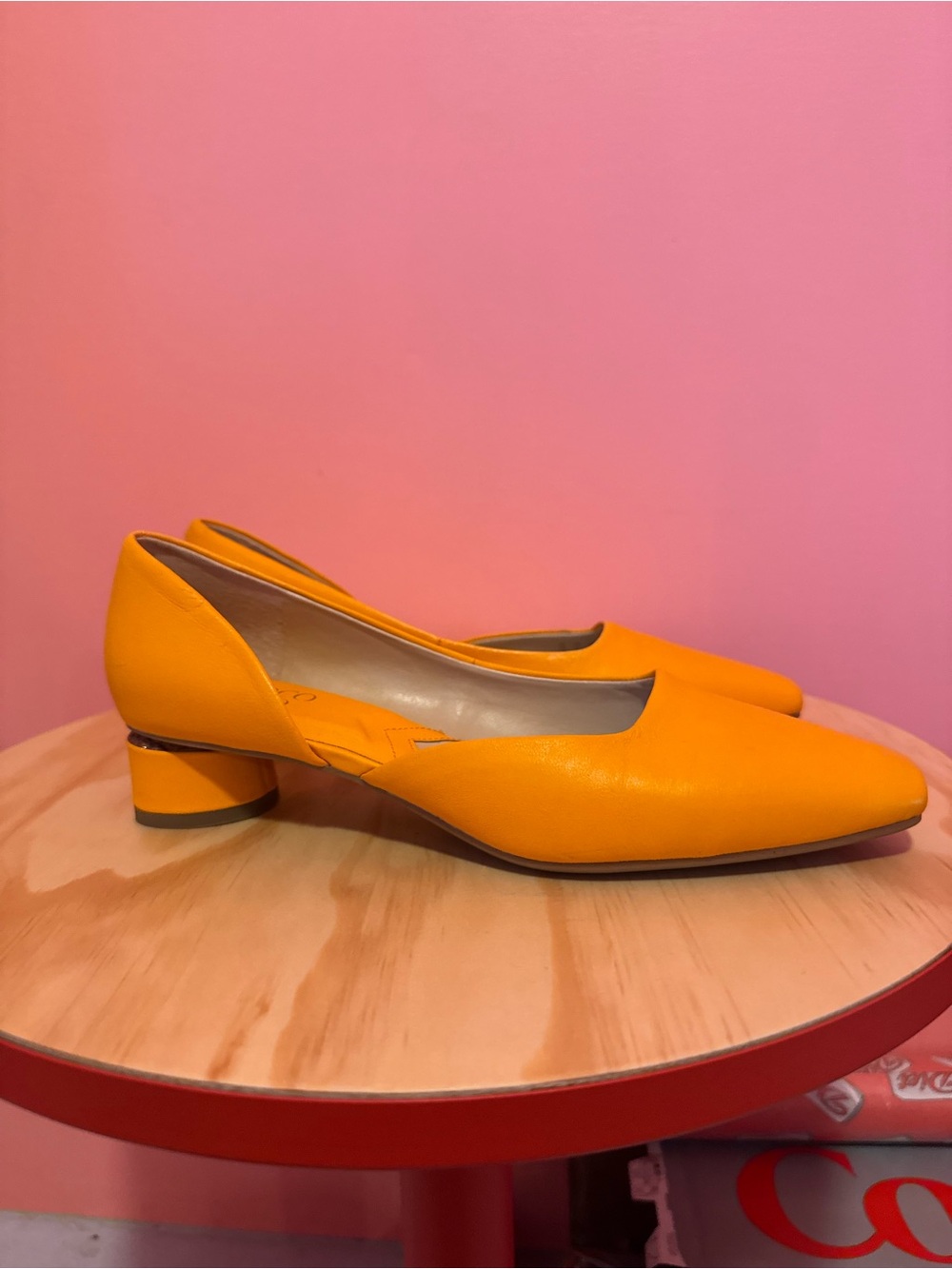 Office core funky orange leather Franco Sarto kitten heel